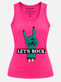 Zingleberry pink women’s tank top featuring a bold Let’s Rock hand-sign graphic in a music-inspired streetwear design.