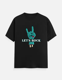 Front view of Zingleberry Let's Rock Premium Unisex Black Cotton T-Shirt featuring a turquoise rock hand graphic and bold typography made from 100% pure cotton.