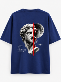 Zingleberry Lost in Thought navy blue unisex oversized T-shirt with classical sculpture and moon graphic back print.