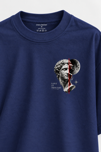 Zingleberry Lost in Thought premium navy blue oversized T-shirt with 3 x 3 inch sculpture and moon left chest graphic.