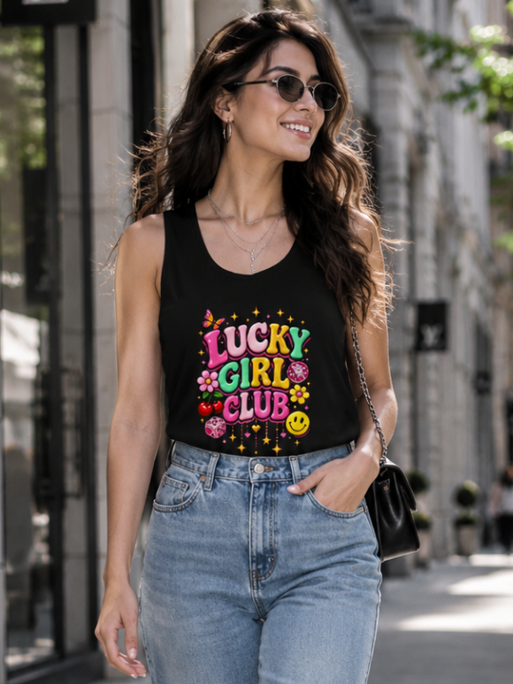 Female model wearing Zingleberry Lucky Girl Club black graphic tank top with light blue jeans in a stylish urban street setting.