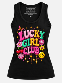 Zingleberry black women’s tank top featuring a colorful Lucky Girl Club graphic with butterfly, cherries, flowers and retro Y2K elements.