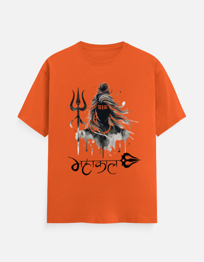 Saffron orange Zingleberry men's t-shirt featuring Mahakal Lord Shiva silhouette with Trishul and spiritual Hindi typography – classic crew neck spiritual wear