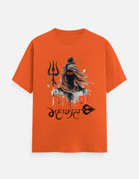 Saffron orange Zingleberry men's t-shirt featuring Mahakal Lord Shiva silhouette with Trishul and spiritual Hindi typography – classic crew neck spiritual wear