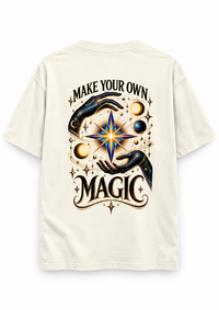 Zingleberry off-white oversized T-shirt with large Make Your Own Magic celestial star and mystical hands back graphic.