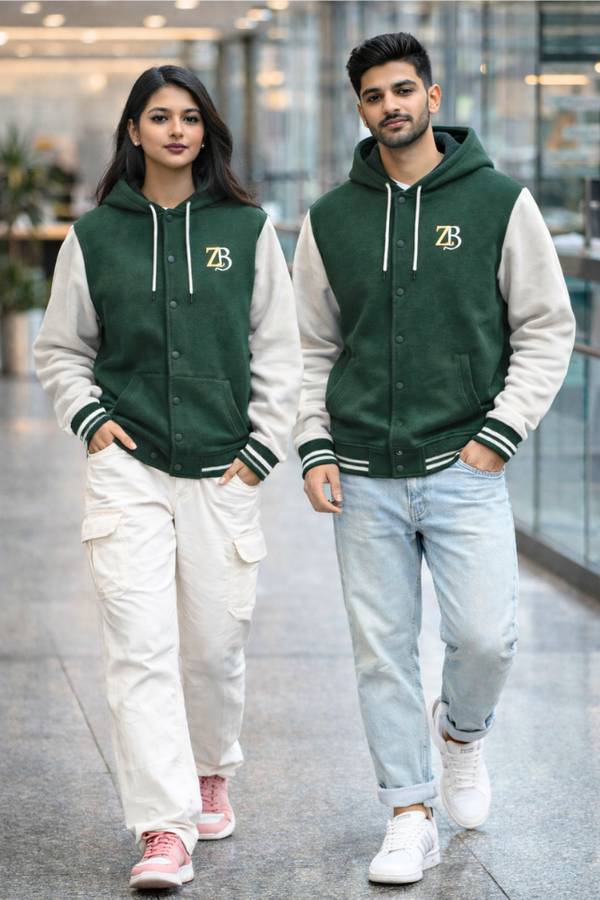 A man and woman wearing matching Zingleberry premium bottle green varsity hoodies, showcasing the comfortable unisex fit for everyday streetwear.