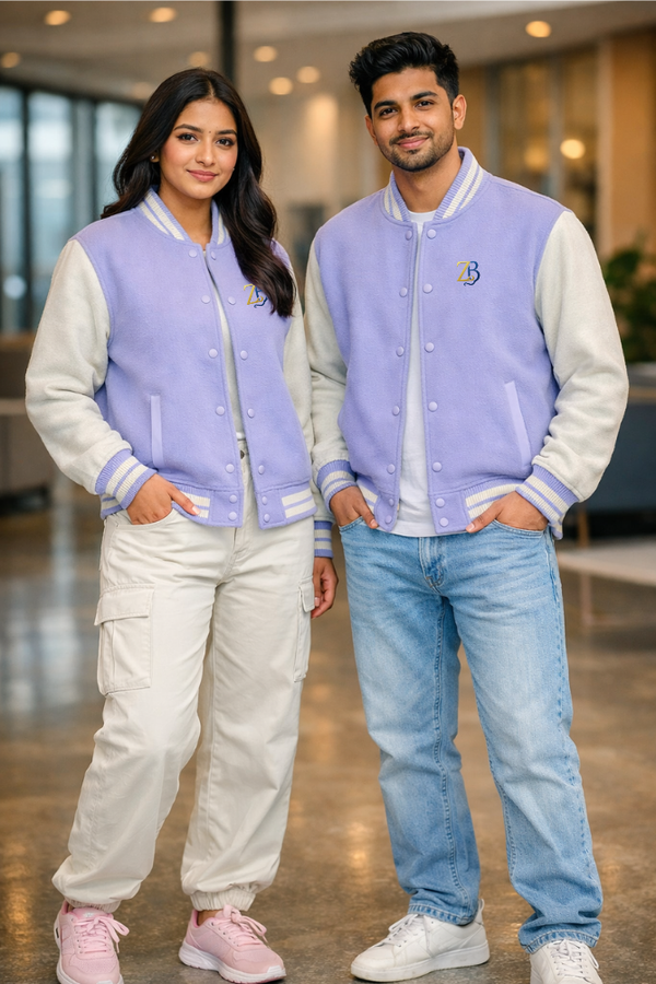 A man and a woman showcasing the matching Zingleberry unisex varsity jackets in lilac and cream, highlighting the versatile fit for all genders.