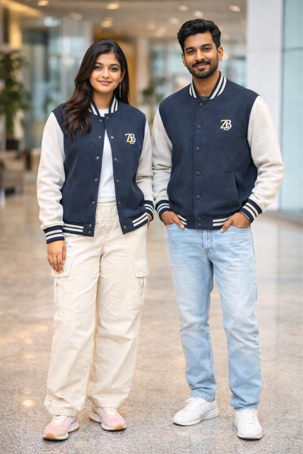 A man and woman showcasing matching Zingleberry premium navy blue varsity jackets, demonstrating the versatile unisex appeal and high-quality construction for all genders.