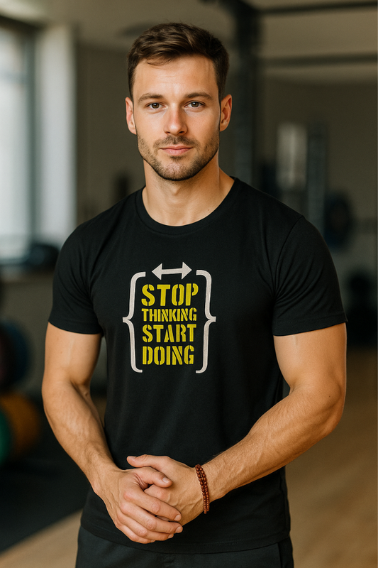 Zingleberry men's classic crew neck black cotton T-shirt with bold 'Stop Thinking Start Doing' motivational quote print – gym wear and casual fashion