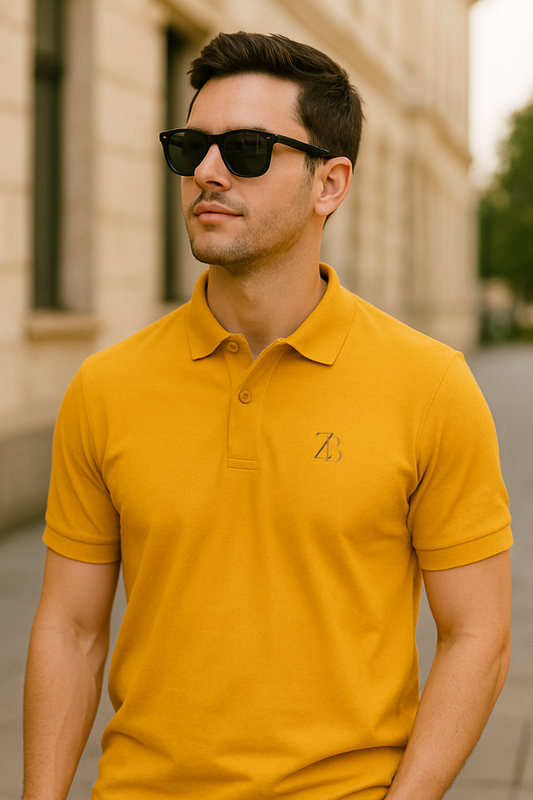 Zingleberry Men's Mustard Yellow Polo T-Shirt – Slim fit cotton with embroidered logo, classic collar, casual summer style.