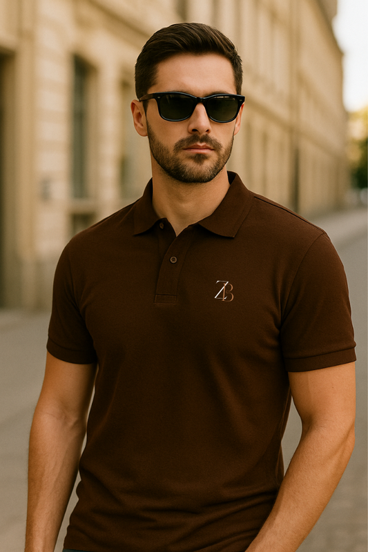 Zingleberry Men's Brown Polo T-Shirt – Slim fit cotton tee with embroidered logo, short sleeves, and classic collar style.