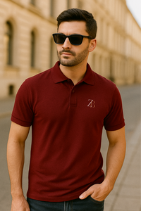 Zingleberry Men's Maroon Polo T-Shirt – Slim fit cotton tee with classic collar and logo embroidery, casual and stylish look.