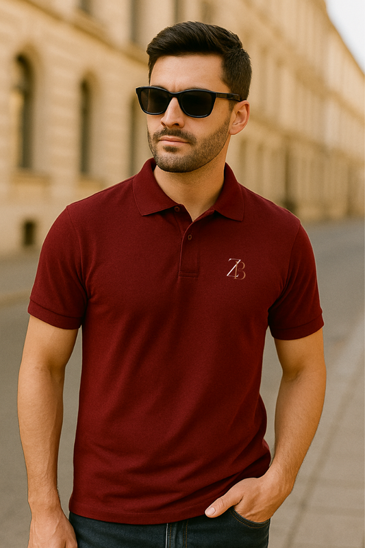 Zingleberry Men's Maroon Polo T-Shirt – Slim fit cotton tee with classic collar and logo embroidery, casual and stylish look.