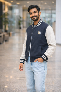 A man modeling the Zingleberry navy blue and off-white premium varsity jacket, styled with light blue denim jeans for a classic, clean streetwear aesthetic.