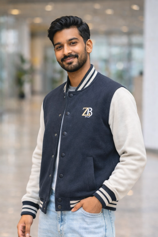 A man modeling the Zingleberry navy blue and off-white premium varsity jacket, styled with light blue denim jeans for a classic, clean streetwear aesthetic.