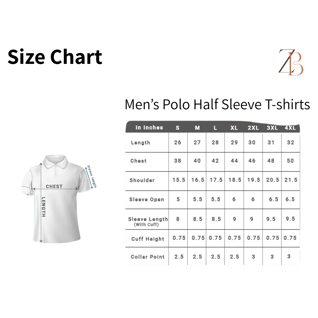 Zingleberry Men's Polo T-Shirt Size Chart – Accurate cotton fit guide with chest, length, and shoulder measurements.