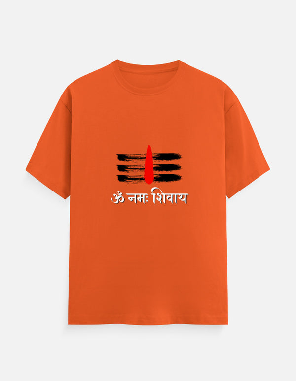 Zingleberry men's saffron orange T-shirt featuring Om Namah Shivaya print with Shiva Trishul design, classic crew round neck, spiritual Hindu theme