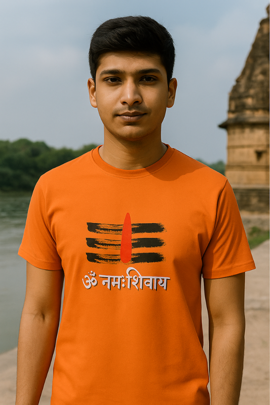 Male model wearing Zingleberry saffron round neck T-shirt featuring Om Namah Shivaya and Trishul design, spiritual cotton tee with temple background