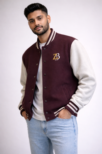 Zingleberry unisex varsity jacket for men maroon and off-white, premium cotton varsity jacket with ribbed collar