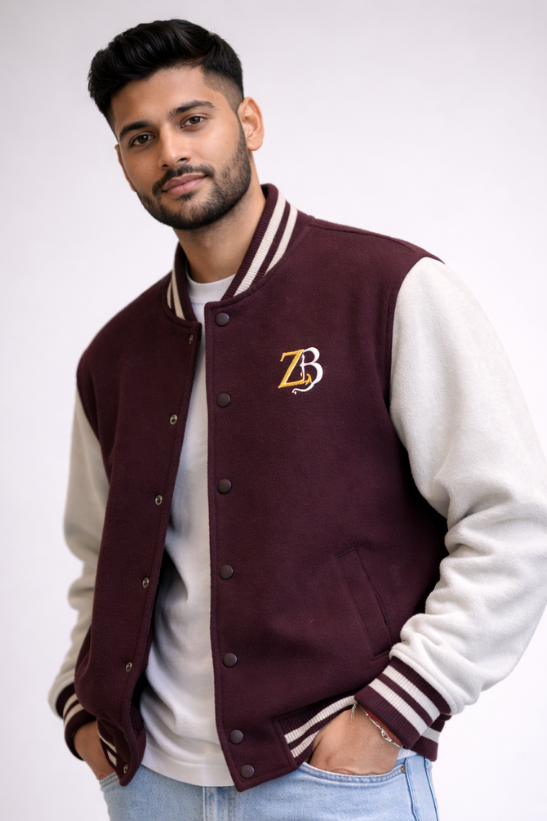 Zingleberry unisex varsity jacket for men maroon and off-white, premium cotton varsity jacket with ribbed collar