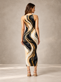 Back view of Zingleberry Midnight Gold Waves sleeveless bodycon maxi dress showcasing black, ivory and champagne-gold marble-inspired all-over print.