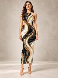 Zingleberry women's black and gold marble print sleeveless bodycon maxi dress, front view featuring flowing ivory, champagne and golden abstract waves.