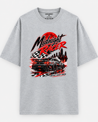 Zingleberry Midnight Racer Grey Melange oversized cotton T-shirt featuring a black performance car, crimson moon, city skyline and chequered racing flags.
