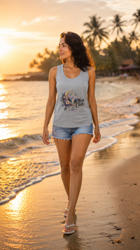 Zingleberry Moon Child grey women’s cotton tank top with crescent moon floral celestial graphic front view
