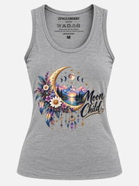 Zingleberry grey women’s tank top featuring a Moon Child crescent moon, floral and celestial graphic print.
