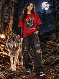Female model wearing Zingleberry Moon Wolf red oversized 100% cotton graphic T-shirt with black streetwear jeans in forest setting.