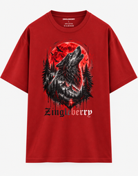 Zingleberry Moon Wolf red oversized unisex 100% cotton T-shirt with howling wolf, red moon and forest graphic.