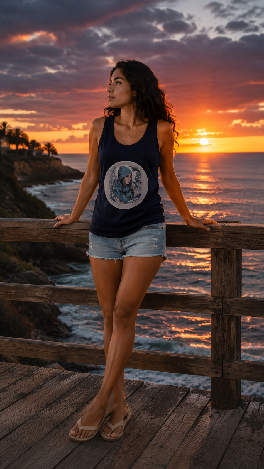 Zingleberry Moonlit Muse navy women’s cotton tank top with mystical moon graphic front view