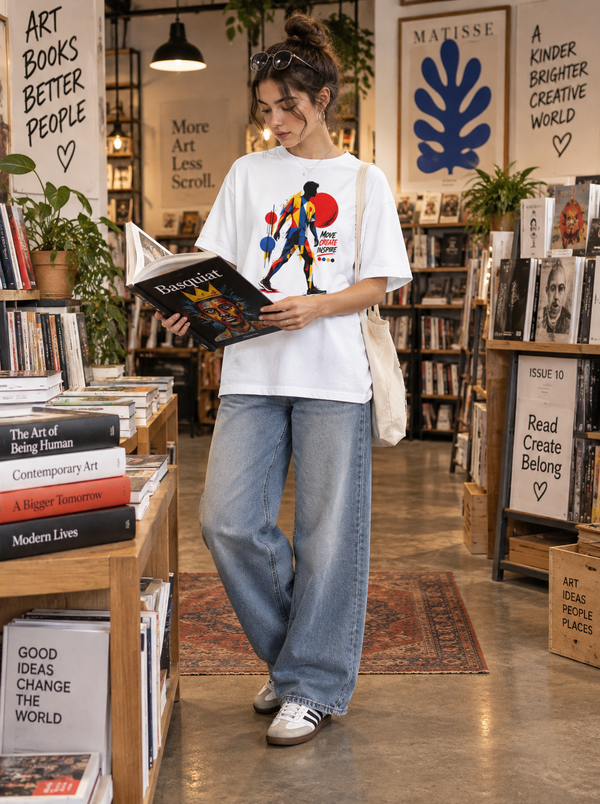 Woman wearing Zingleberry Move Create Inspire white oversized T-shirt with wide-leg denim in a contemporary art bookstore.