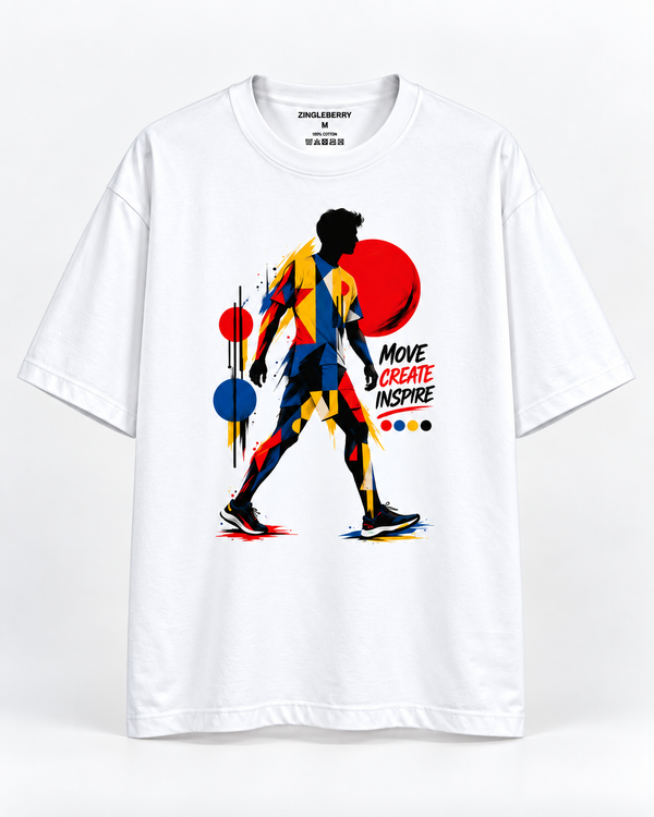 Zingleberry white unisex oversized cotton T-shirt featuring a colourful geometric walking figure and Move Create Inspire statement artwork.