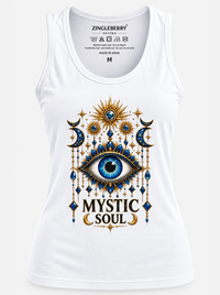Zingleberry Mystic Soul women’s white cotton tank top featuring a blue evil eye, celestial moons, stars and gold mystical graphic artwork.