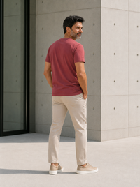 Back view of male model wearing Zingleberry red pure cotton T-shirt showing the clean plain back design with no graphic print.