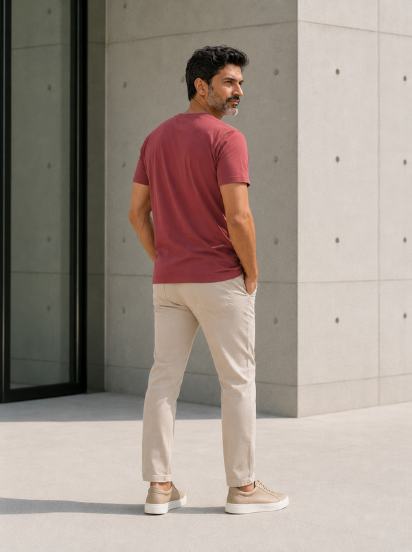 Back view of male model wearing Zingleberry red pure cotton T-shirt showing the clean plain back design with no graphic print.