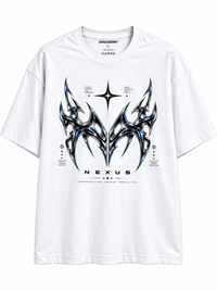 Zingleberry Nexus Future Core white unisex oversized T-shirt with chrome silver, black and electric blue futuristic graphic.