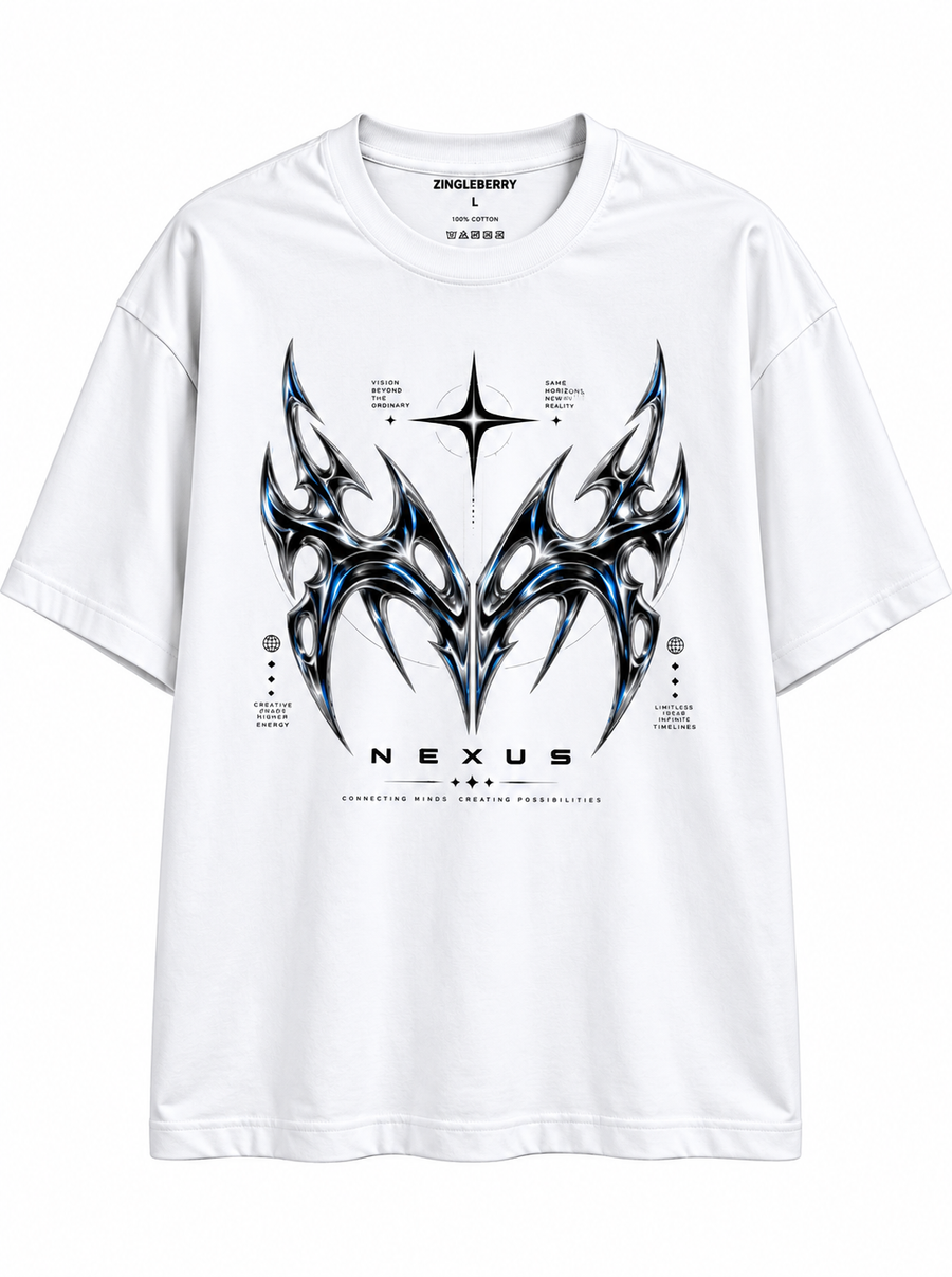 Zingleberry Nexus Future Core white unisex oversized T-shirt with chrome silver, black and electric blue futuristic graphic.