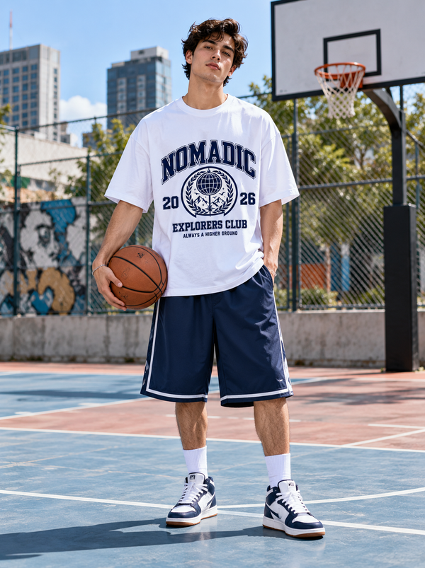 Male model wearing Zingleberry Nomadic Explorers Club white unisex oversized T-shirt with navy basketball shorts and white sneakers.