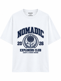 Zingleberry Nomadic Explorers Club white unisex oversized T-shirt with navy blue globe, mountain and collegiate graphic.