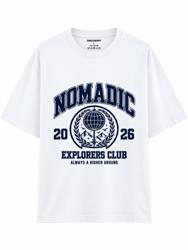 Zingleberry Nomadic Explorers Club white unisex oversized T-shirt with navy blue globe, mountain and collegiate graphic.