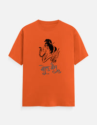 Zingleberry orange unisex Bhole Bam t-shirt featuring Lord Shiva-Parvati graphic with trishul and damru – 100% cotton spiritual wear