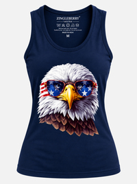 Zingleberry navy blue women’s tank top featuring a patriotic bald eagle graphic with American flag sunglasses.