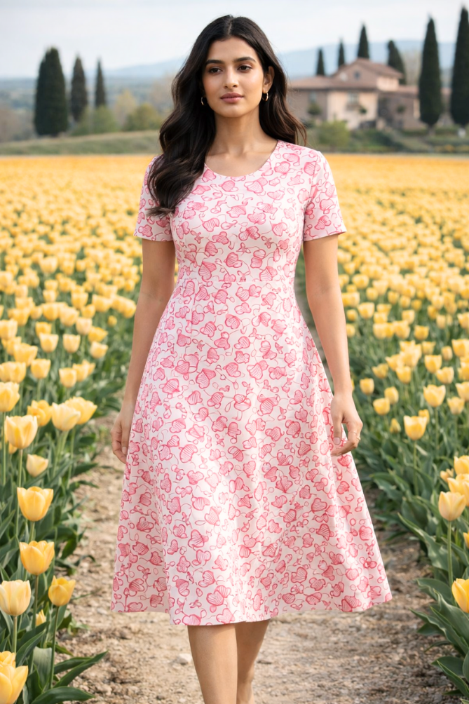 Indian female model walking through a tulip field wearing Zingleberry premium pink heart print A-line midi dress with short sleeves