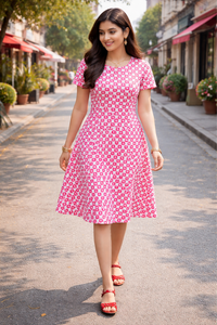 Woman wearing Zingleberry premium pink heart print A-line midi Valentine dress, walking outdoors in a romantic Valentine season look