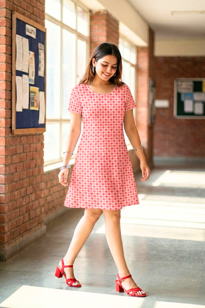 Indian woman wearing Zingleberry pink heart print A-line Valentine dress with short sleeves, walking in a college corridor