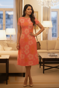 Woman in a pink zingleberry's Premium A line floral dress standing in a living room.