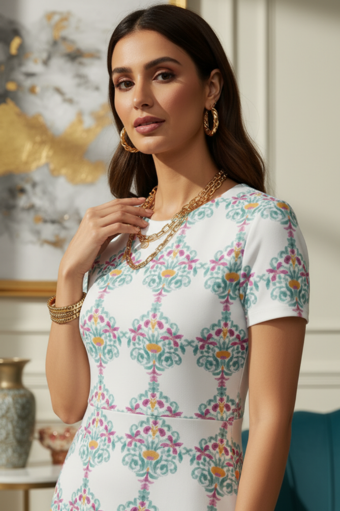 Woman wearing a Zingleberry premium A-line multicolour floral printed midi dress. Closeup view to showcasing fabric and print quality