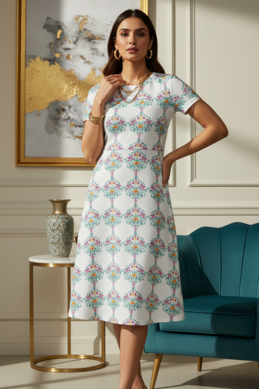 Woman in a patterned Zingleberry premium A-line multicolour floral printed midi dress for women made from 220 GSM poly-spandex with short sleeves and round neck, front stylish pose inside a luxury room.